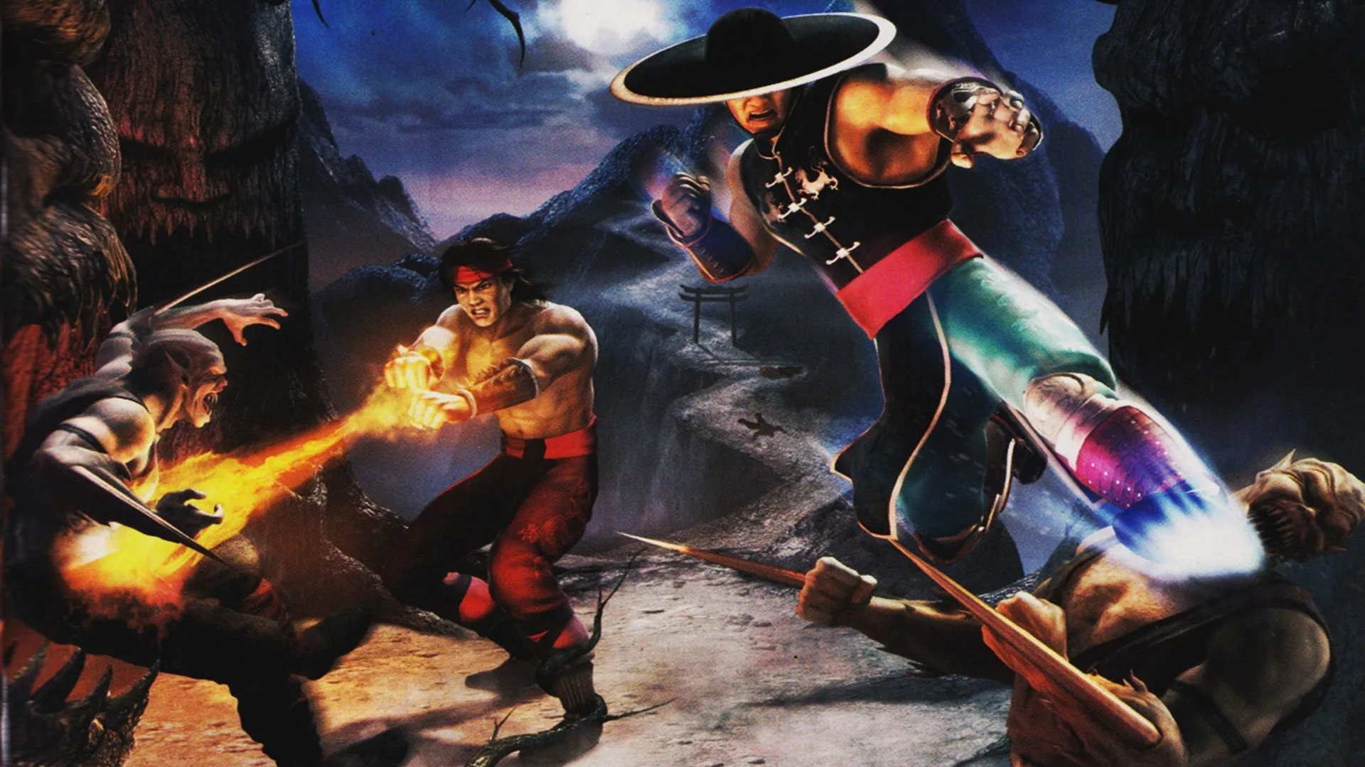 Hình ảnh quảng bá cho tựa game Mortal Kombat: Shaolin Monks, nhấn mạnh không khí hành động tăm tối.