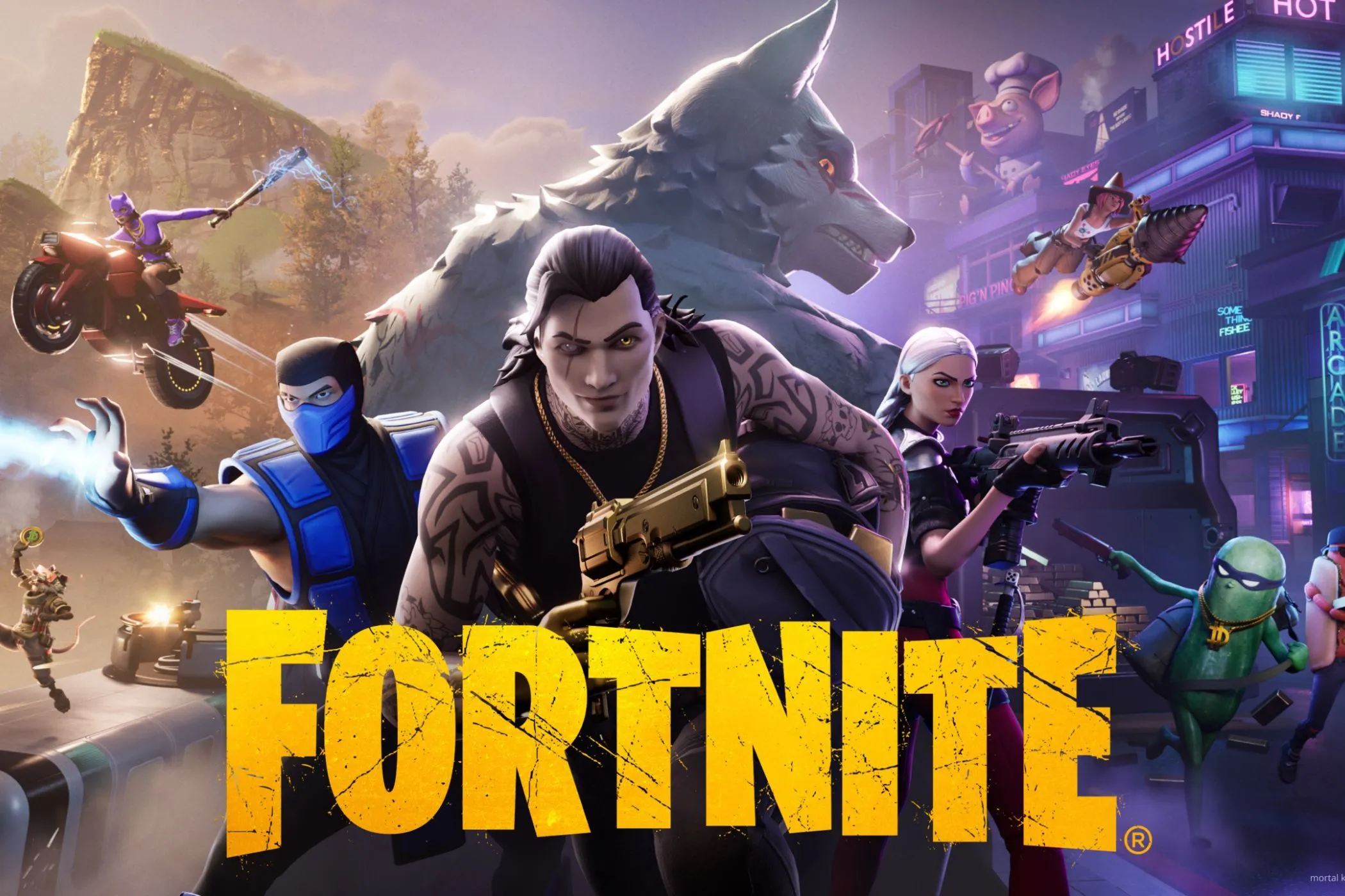 Hình ảnh quảng bá game Fortnite với các nhân vật chiến binh và hình tượng chó sói, thể hiện sự đa dạng trong trải nghiệm Battle Royale