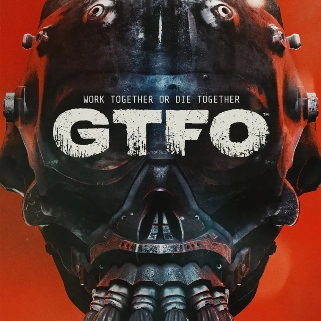 Hình ảnh sản phẩm của game GTFO, thể hiện giao diện người chơi và quái vật trong một môi trường tối tăm, căng thẳng với ánh đèn pin mờ ảo.