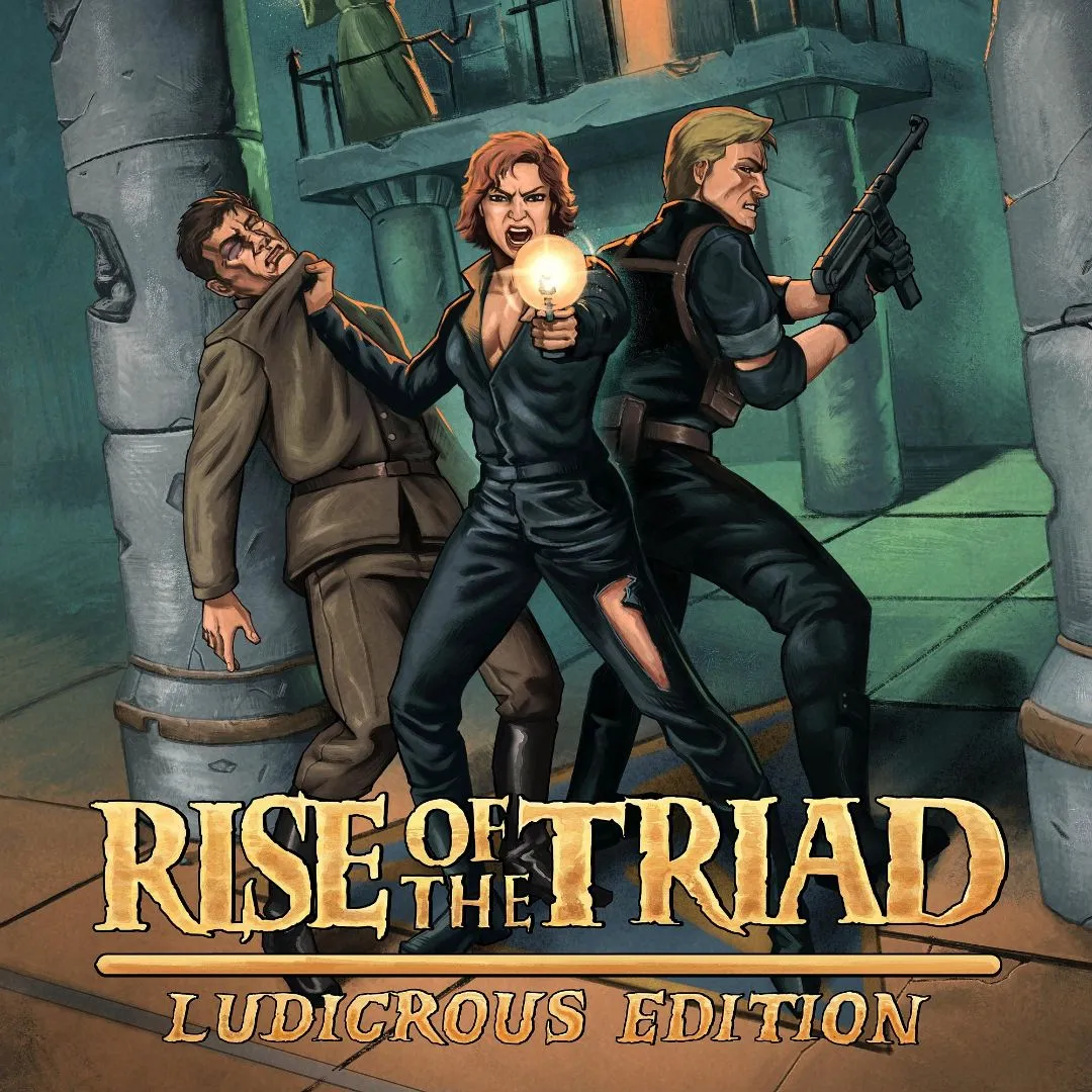 Hình ảnh sản phẩm của game Rise of the Triad: Ludicrous Edition, hiển thị một cảnh gameplay đầy hành động với nhiều kẻ thù và vụ nổ