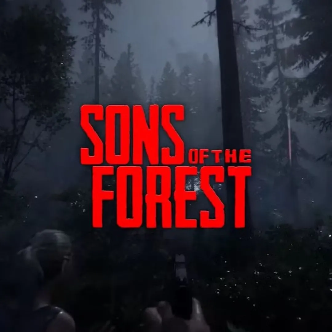 Hình ảnh sản phẩm của game Sons of the Forest, một nhân vật người chơi đang đứng cùng đồng đội AI Kevin trong một khung cảnh rừng núi hoang dã đầy bí ẩn, với ánh sáng mặt trời xuyên qua tán cây.