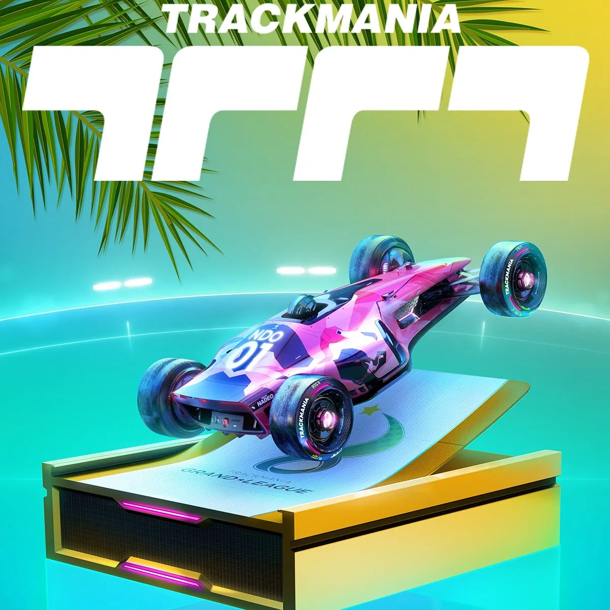 Hình ảnh sản phẩm của tựa game Trackmania, hiển thị chiếc xe đua tốc độ cao trên đường đua phức tạp với nhiều chướng ngại vật