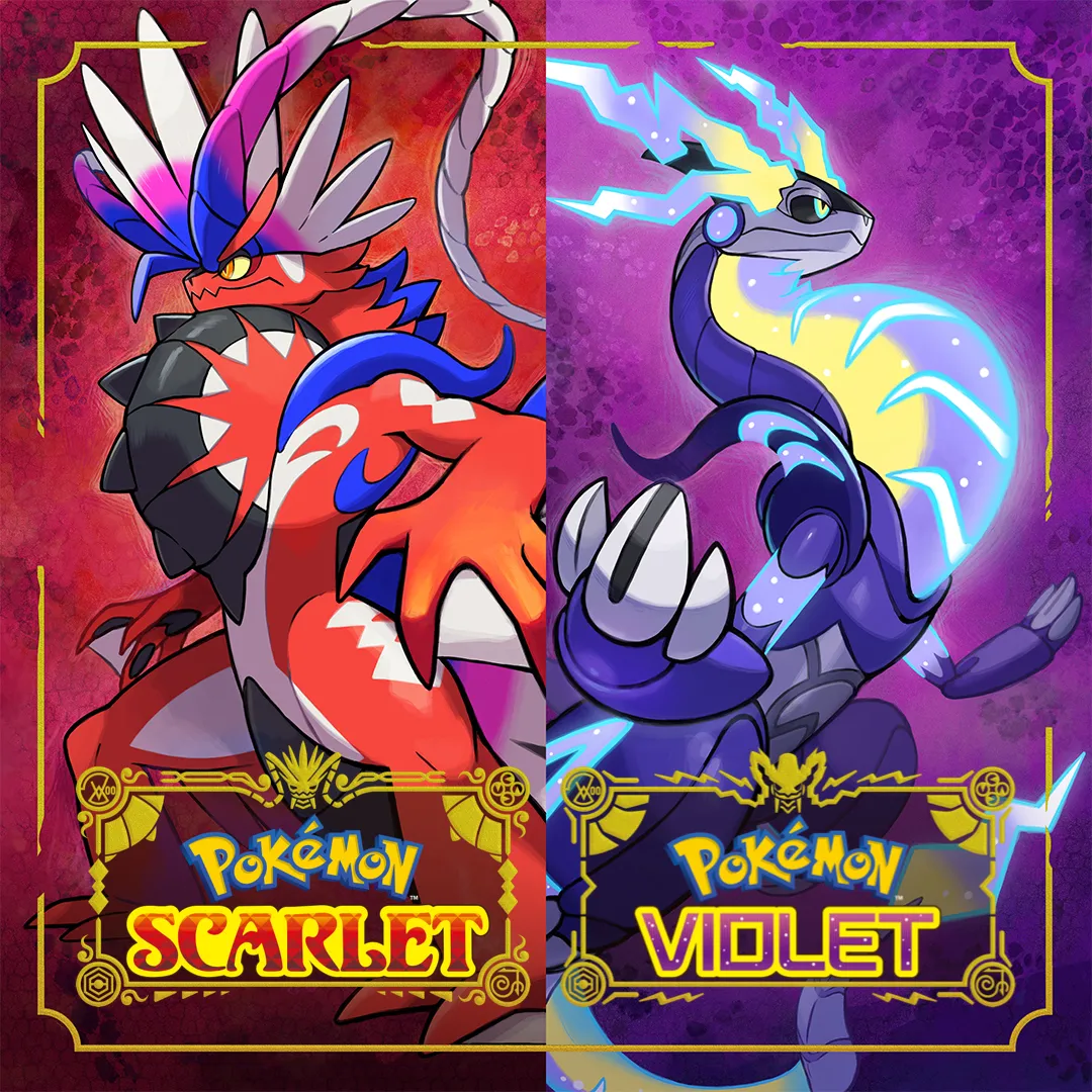 Hình ảnh sản phẩm Pokémon Scarlet và Violet với Koraidon và Miraidon nổi bật