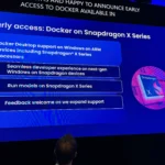 Hình ảnh slide giới thiệu Docker Desktop hỗ trợ Windows on Arm và khả năng chạy mô hình AI trên chip Snapdragon X từ sự kiện Computex