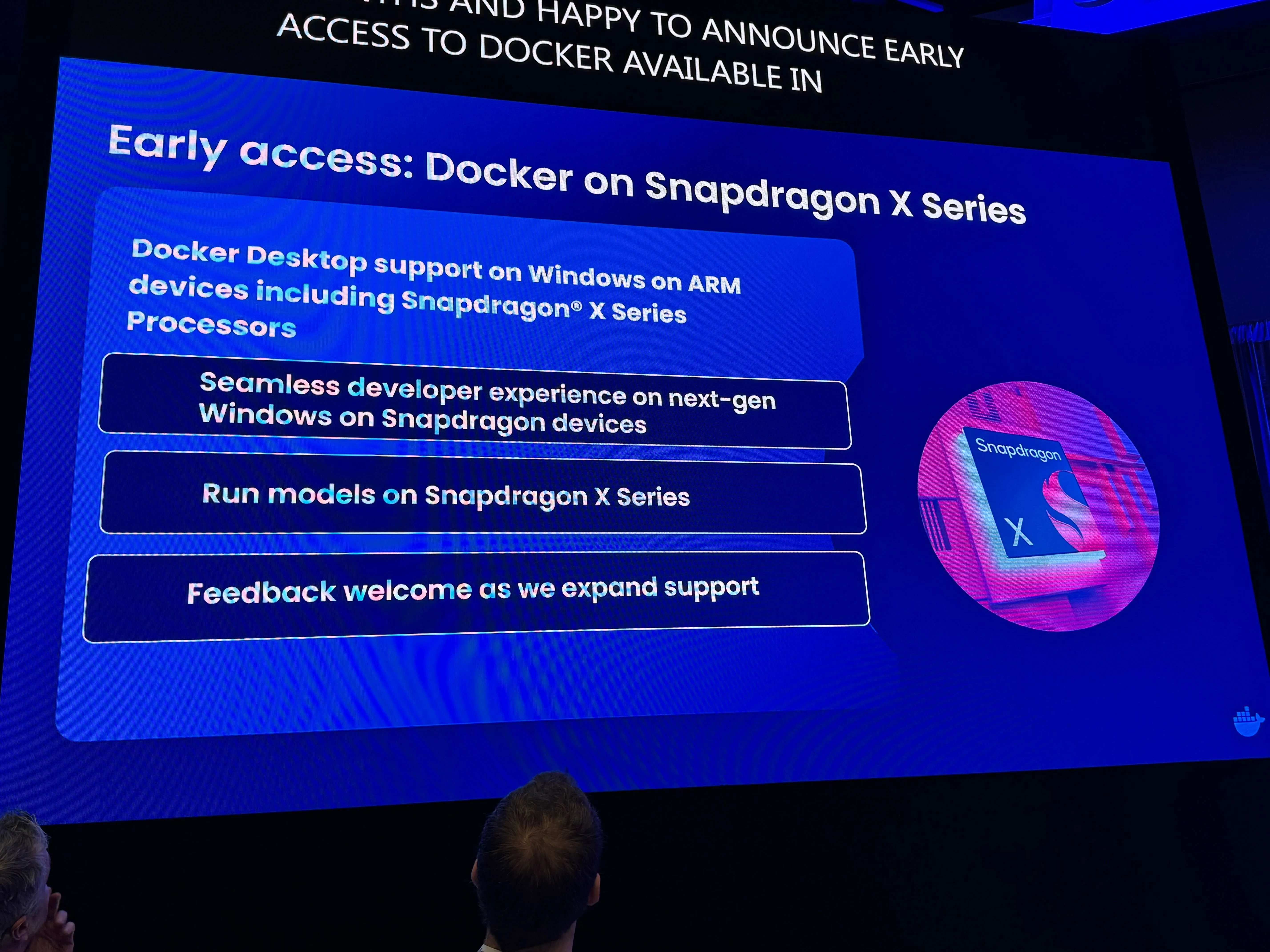 Hình ảnh slide giới thiệu Docker Desktop hỗ trợ Windows on Arm và khả năng chạy mô hình AI trên chip Snapdragon X từ sự kiện Computex