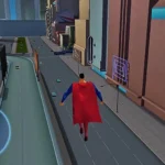 Hình ảnh Superman đang bay lượn trong game Superman: Shadow of Apokolips với đồ họa cel-shaded đặc trưng.