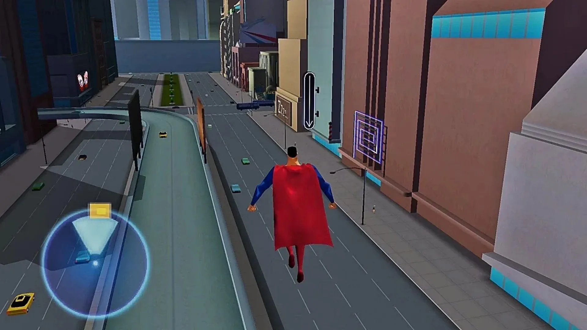 Hình ảnh Superman đang bay lượn trong game Superman: Shadow of Apokolips với đồ họa cel-shaded đặc trưng.
