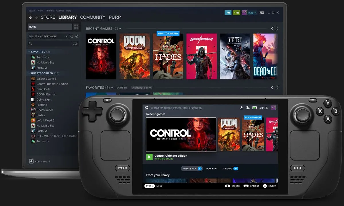 Hình ảnh thể hiện giao diện Steam trên một chiếc laptop và SteamOS trên thiết bị Steam Deck, minh họa khả năng linh hoạt của nền tảng game Valve