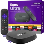 Hình ảnh thiết bị streaming Roku Ultra 2024 màu đen với remote điều khiển, minh họa khả năng giải trí 4K tại gia