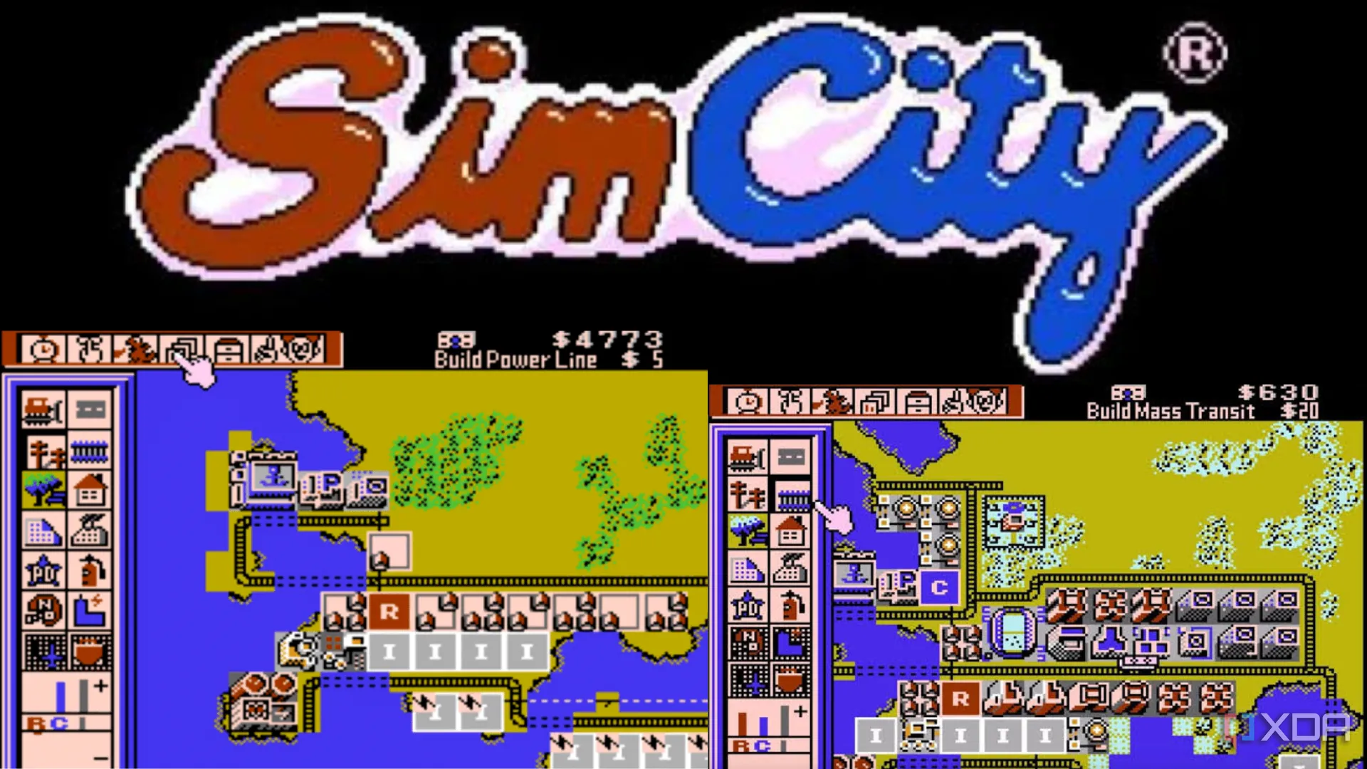 Hình ảnh tổng hợp các màn hình và logo của tựa game xây dựng thành phố SimCity trên SNES