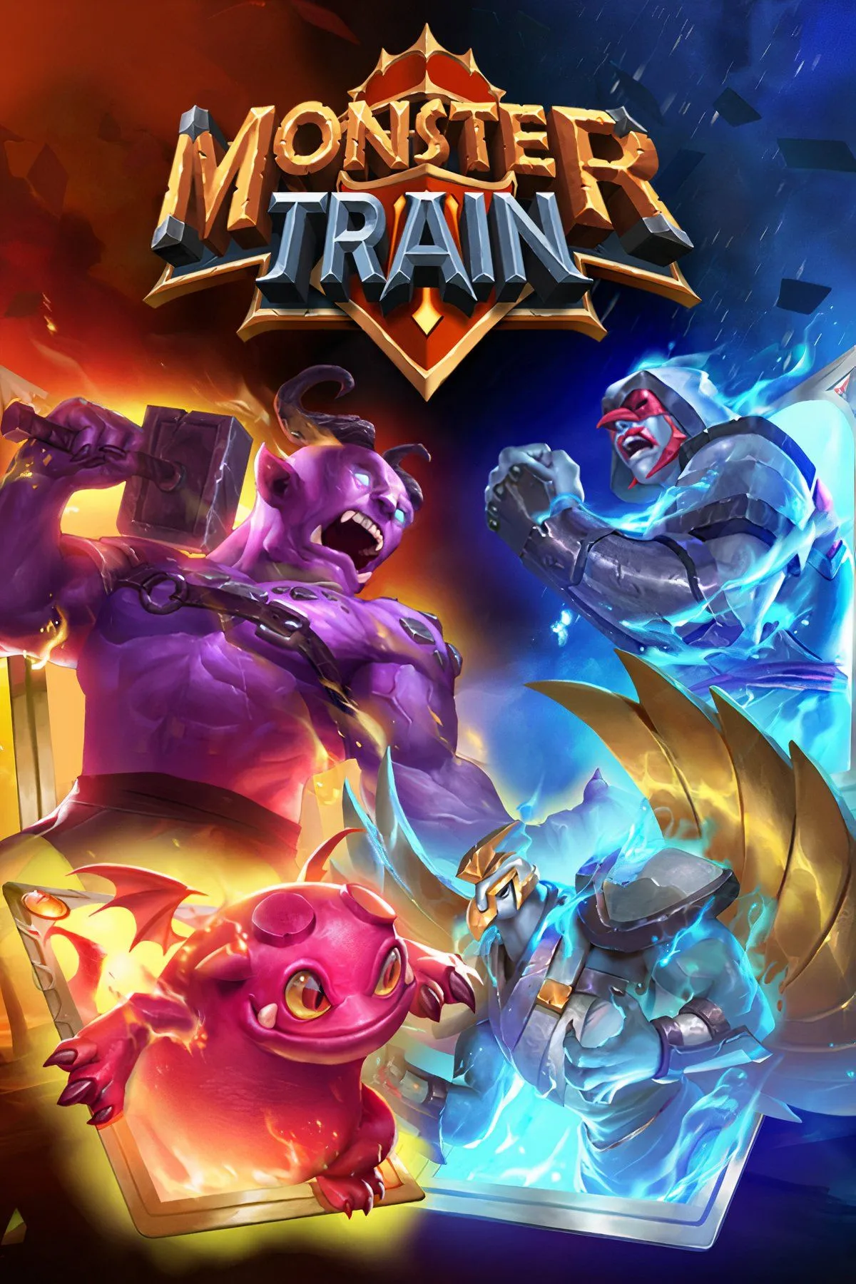 Hình ảnh tổng hợp gameplay và thẻ bài độc đáo của tựa game roguelike deckbuilding Monster Train đang giảm giá trên Steam