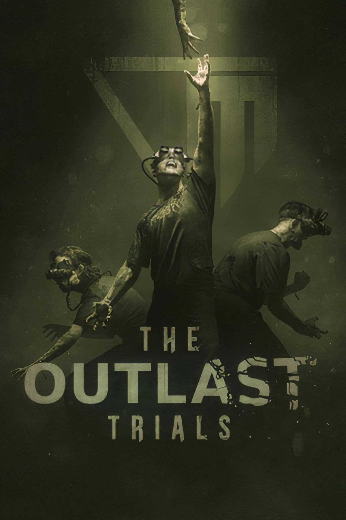 Hình ảnh tổng hợp từ game The Outlast Trials, thể hiện các nhân vật đang lẩn trốn hoặc bị truy đuổi trong một môi trường bệnh viện tâm thần hoặc cơ sở thí nghiệm đáng sợ, với không khí u ám và ám ảnh.