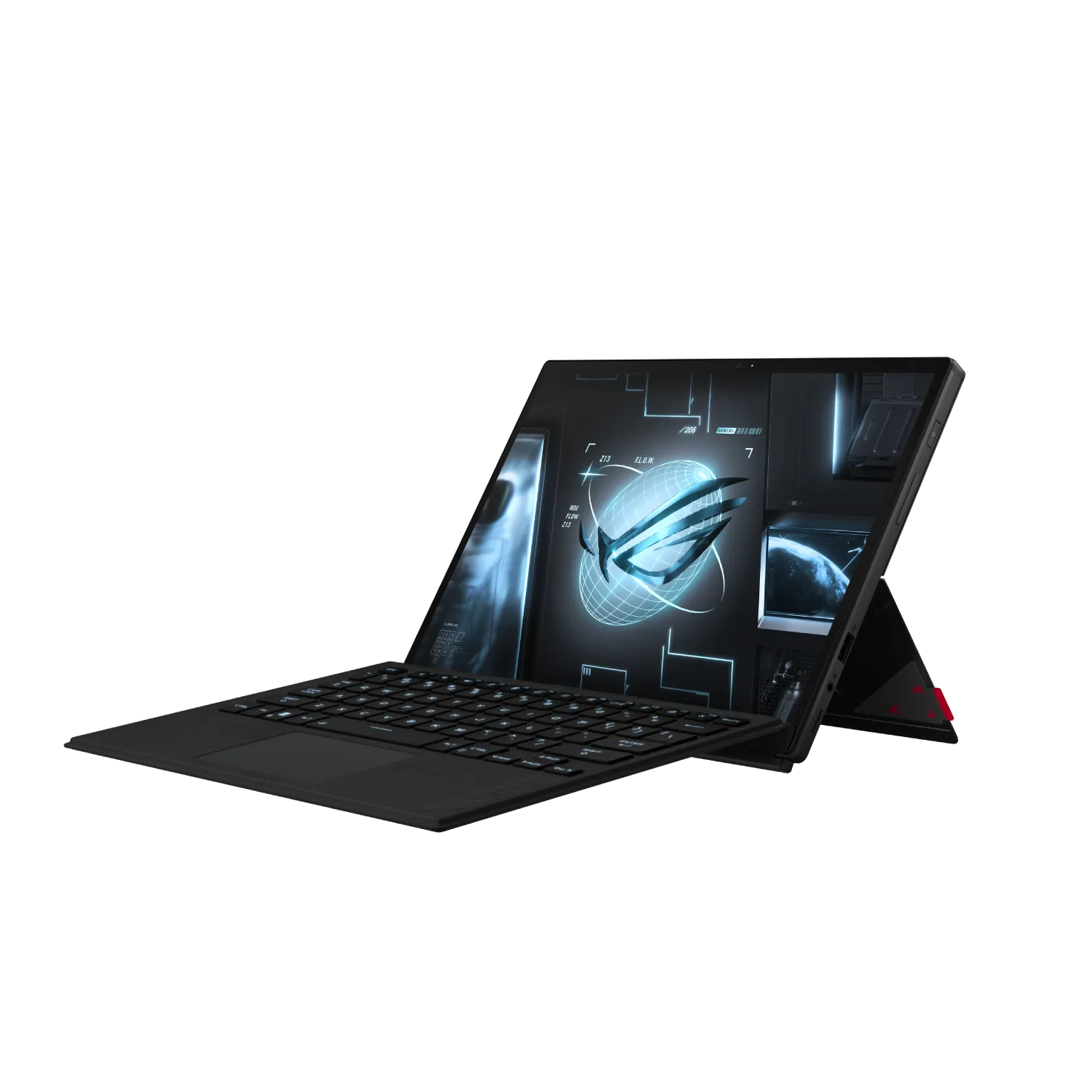 Hình ảnh tổng thể laptop gaming 2 trong 1 Asus ROG Flow Z13 với thiết kế linh hoạt, biểu tượng của dòng sản phẩm mạnh mẽ và độc đáo.