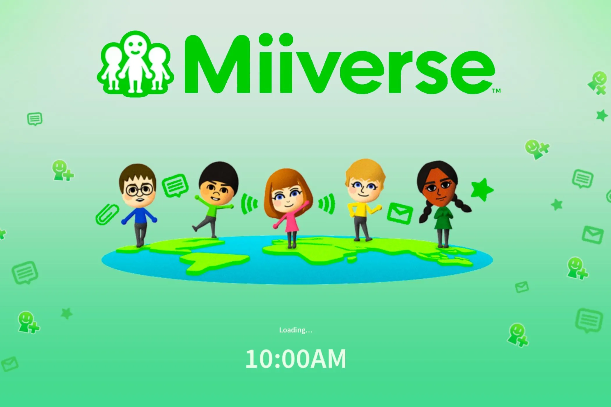 Hình ảnh ý tưởng về Miiverse trên Nintendo Switch 2, minh họa giao diện xã hội và các Mii tương tác
