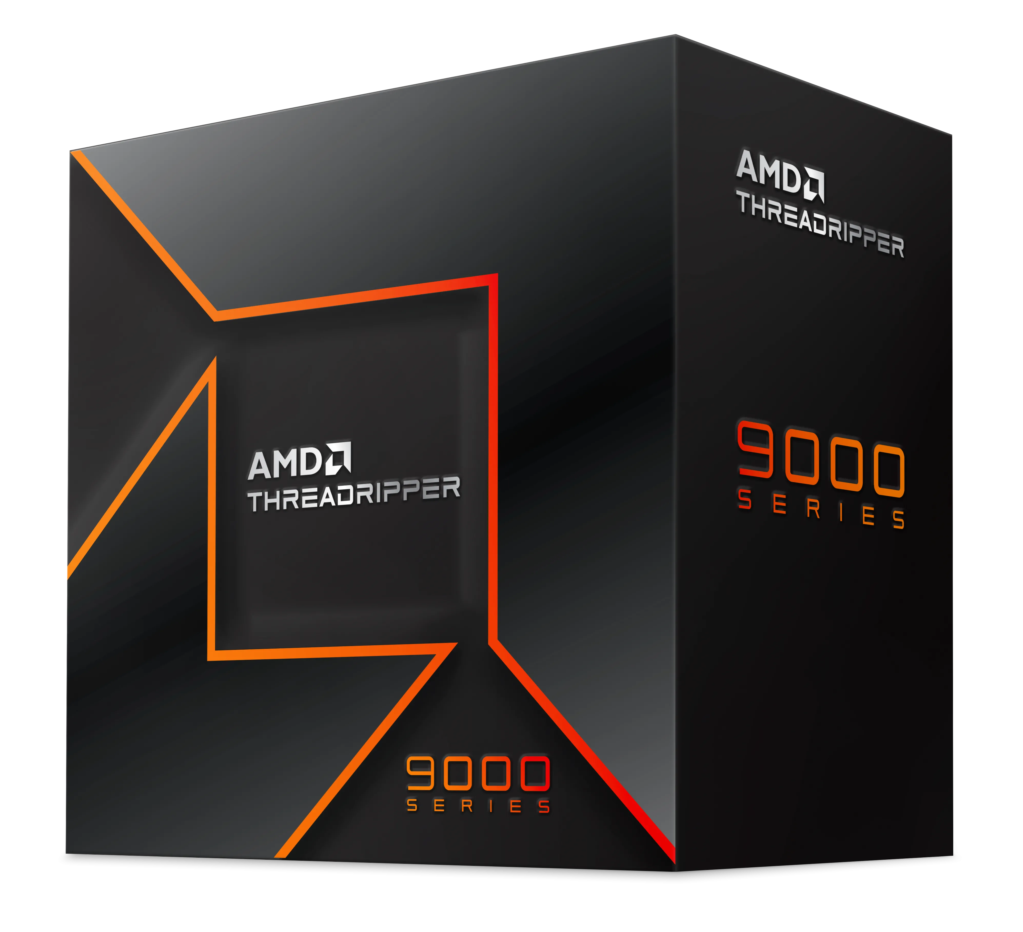 Hộp CPU AMD Threadripper 9000 Series góc nghiêng, minh họa thiết kế sản phẩm cao cấp