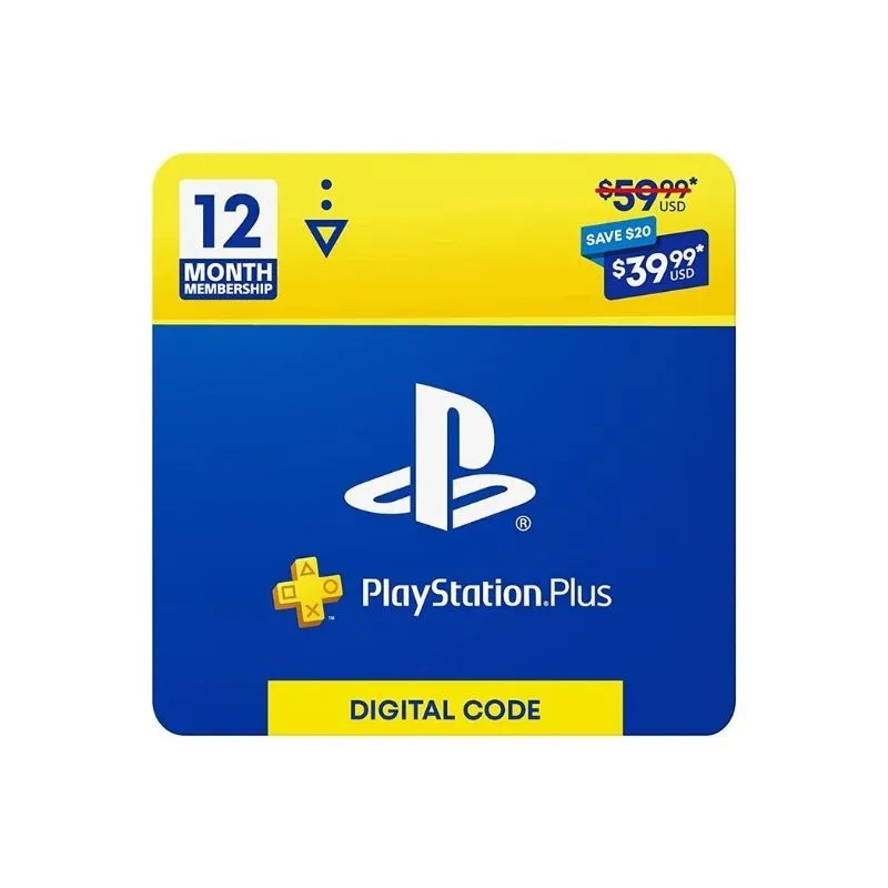 Hộp thẻ PlayStation Plus cho gói đăng ký 12 tháng, mở khóa game miễn phí hàng tháng và truy cập multiplayer online