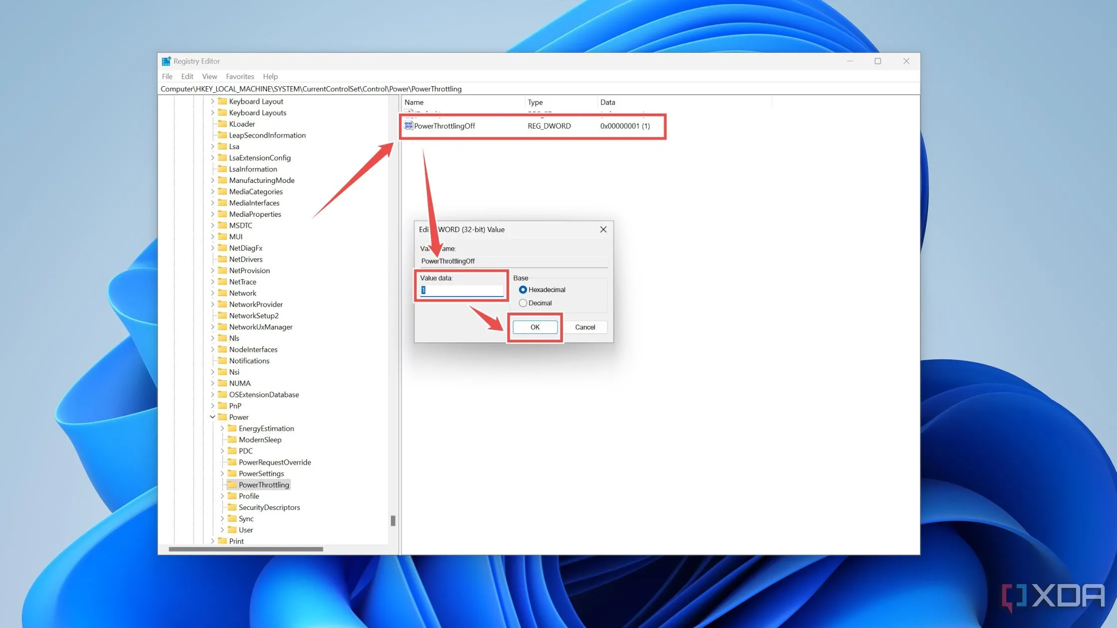 Hướng dẫn tạo DWORD Value PowerThrottlingOff trong Registry Editor để tắt tính năng giới hạn hiệu suất CPU