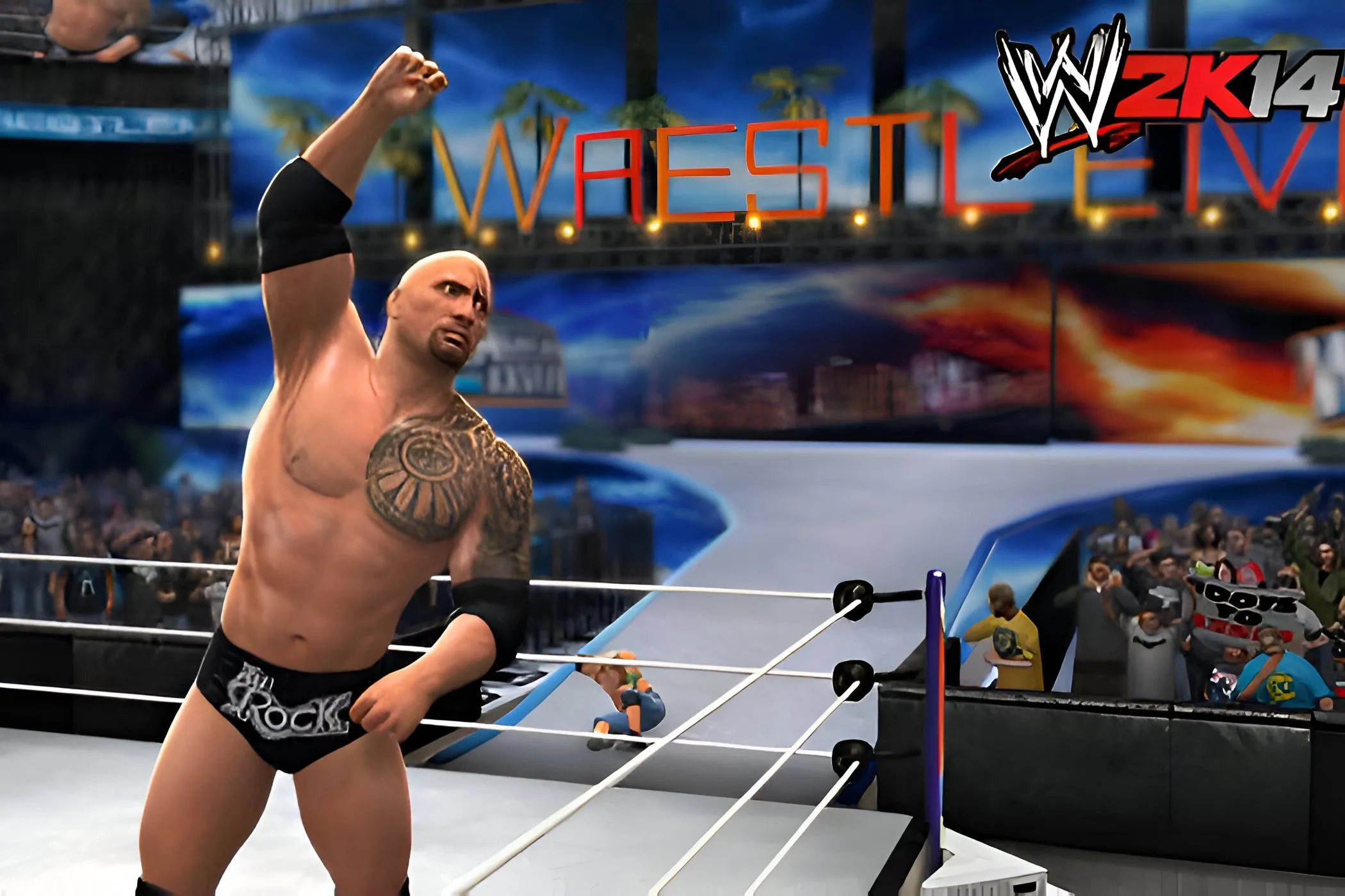 Huyền thoại The Rock trong WWE 2K14, thể hiện một trong những khoảnh khắc biểu tượng của trò chơi.