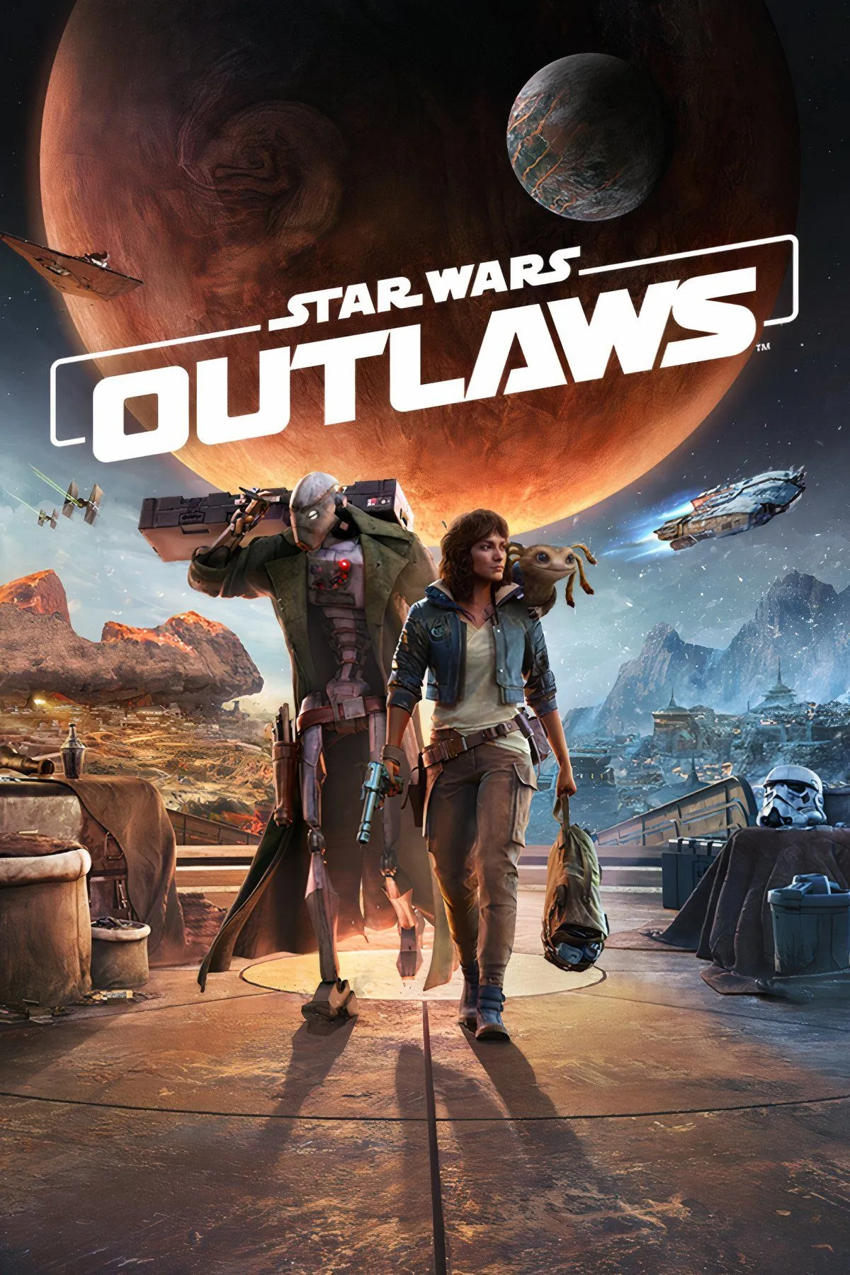 Kay Vess và Nix di chuyển trên chiếc speeder bike qua một thành phố ngoài hành tinh đầy màu sắc trong Star Wars Outlaws