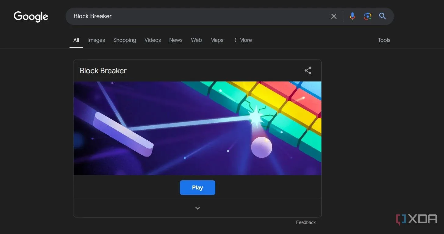 Kết quả tìm kiếm Google hiển thị game Block Breaker với nút Play.