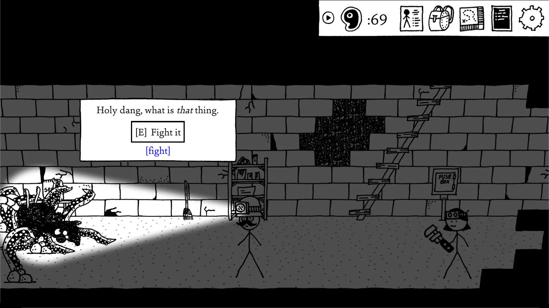 Khám phá môi trường với đồ họa tối giản trong Shadows Over Loathing