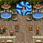 Khoảnh khắc du hành thời gian trong Chrono Trigger với các nhân vật đứng cạnh cổng không gian màu xanh