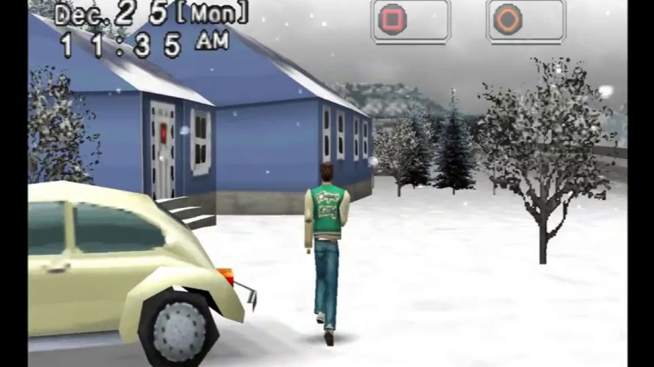 Khu vực tuyết phủ với ngôi nhà và ô tô trong tựa game bí ẩn thế giới mở Mizzurna Falls