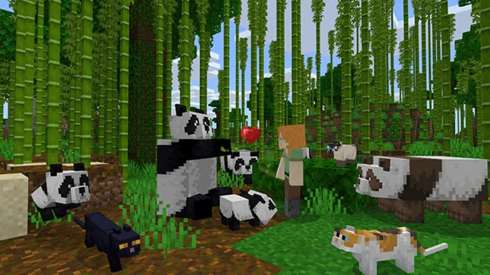 Khung cảnh trong Minecraft với nhân vật và gấu trúc, minh họa thế giới khối ô vuông được tải mượt mà hơn trên Nintendo Switch 2.