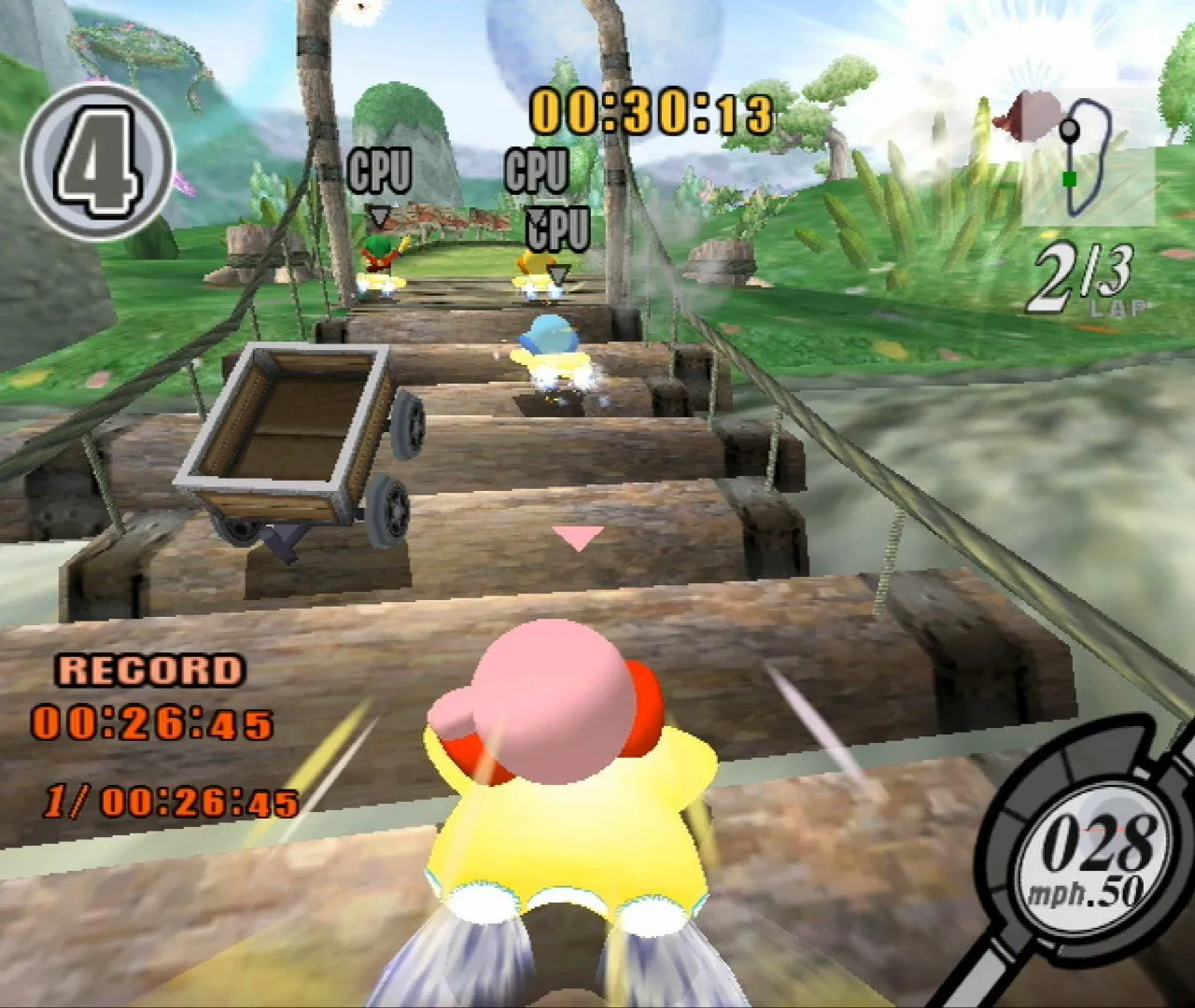 Kirby đang đua trên cầu gỗ trong Kirby Air Ride, một game đua xe phong cách vui nhộn