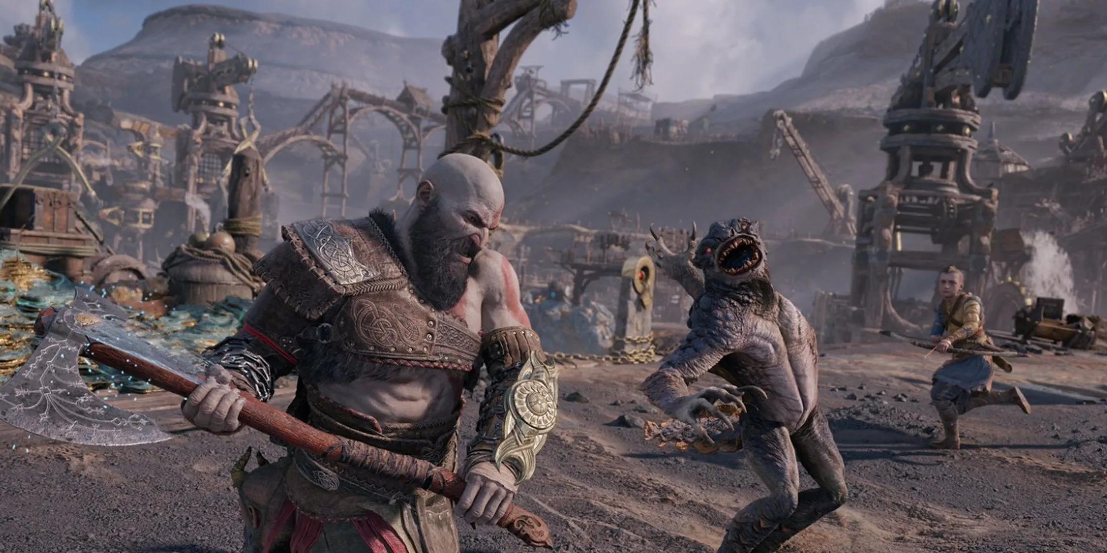 Kratos chiến đấu với quái vật cùng sự hỗ trợ của Atreus trong God of War Ragnarok