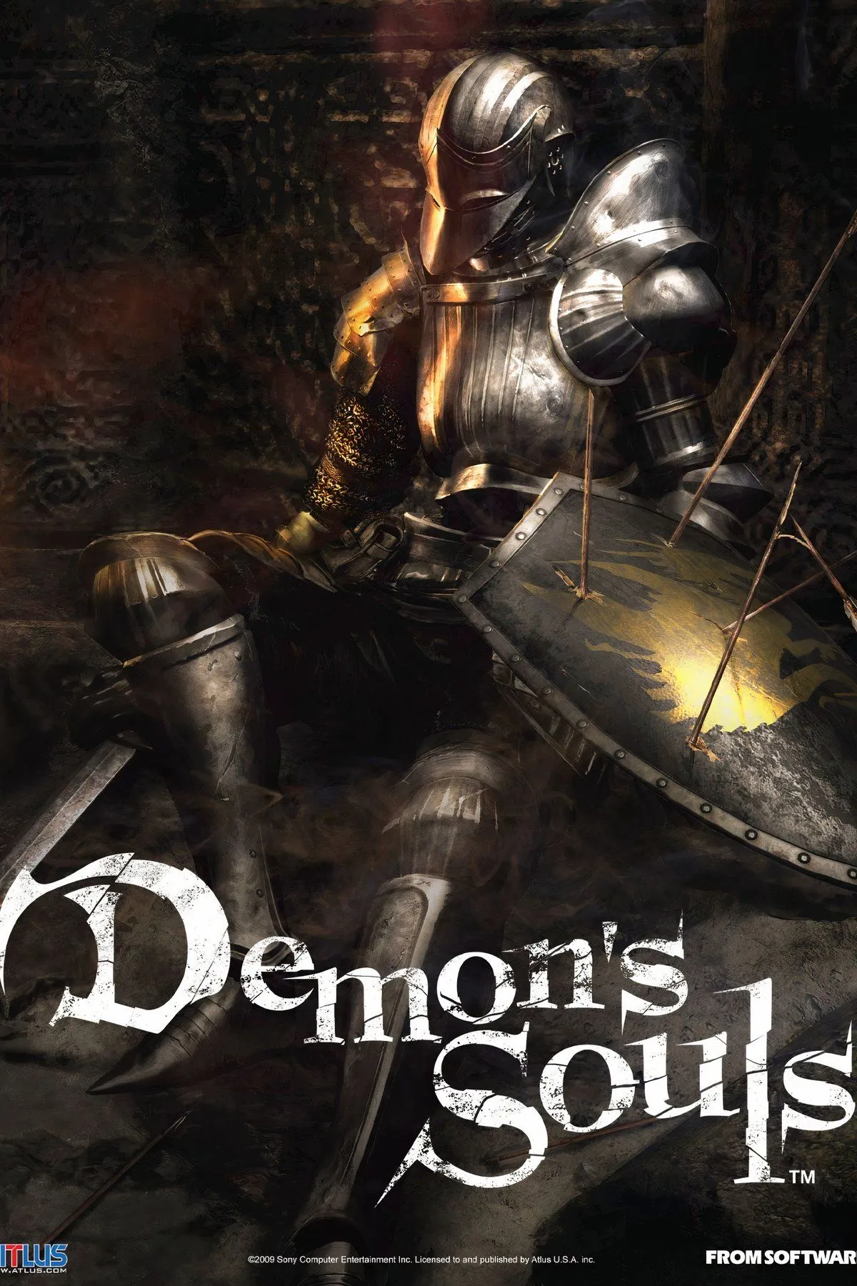 Kỵ sĩ áo giáp và sinh vật Demon's Souls đang chiến đấu trong môi trường tăm tối, u ám