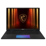 Laptop gaming MSI Titan 18 HX AI màu đen với màn hình 18 inch hiển thị ánh sáng RGB từ bàn phím và khu vực trackpad