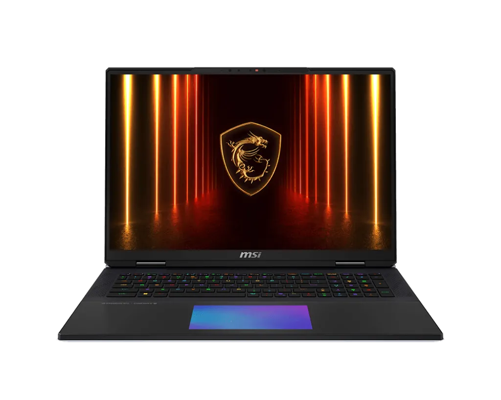 Laptop gaming MSI Titan 18 HX AI màu đen với màn hình 18 inch hiển thị ánh sáng RGB từ bàn phím và khu vực trackpad