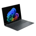 Laptop HP OmniBook X Flip 16 inch ở chế độ lật, hiển thị màn hình cảm ứng 2K và logo HP rõ nét.