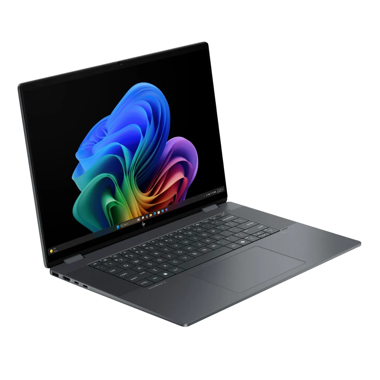 Laptop HP OmniBook X Flip 16 inch ở chế độ lật, hiển thị màn hình cảm ứng 2K và logo HP rõ nét.