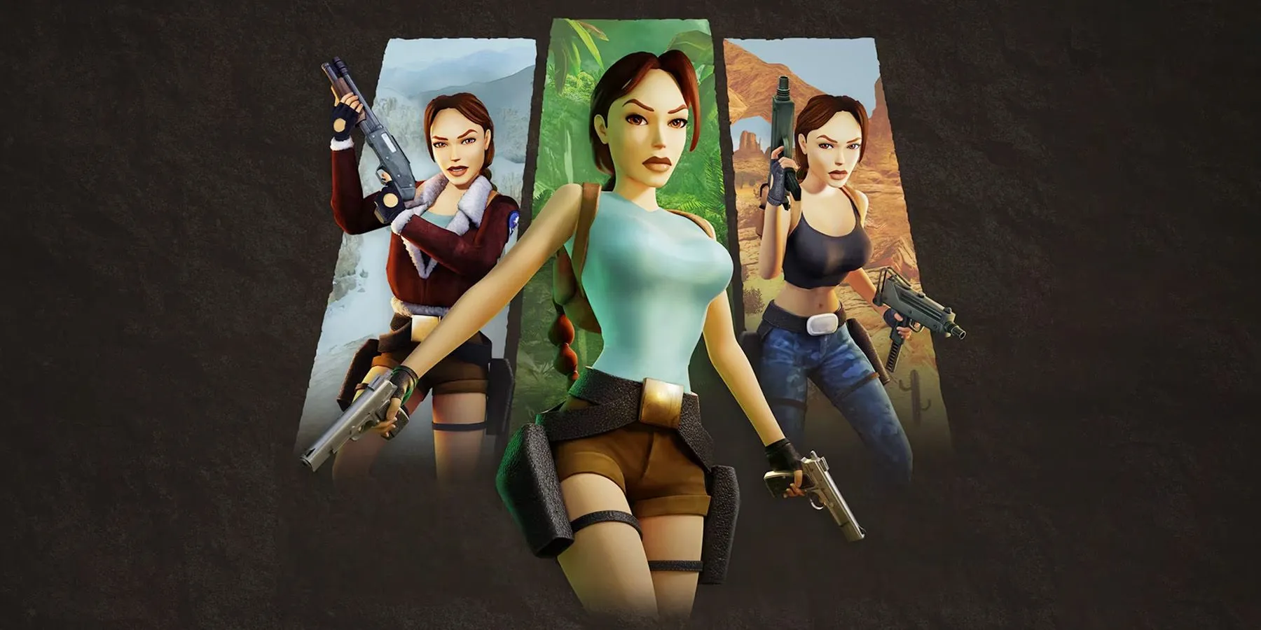 Lara Croft trong phiên bản Tomb Raider Remastered, tư thế sẵn sàng chiến đấu với súng kép, biểu tượng của sự dũng cảm và phiêu lưu.
