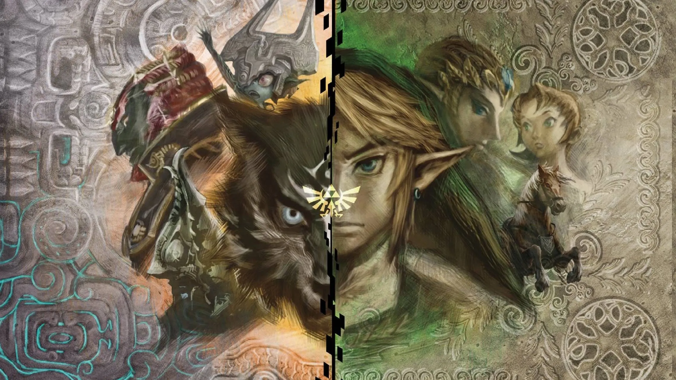 Link dưới dạng người và sói cùng các nhân vật chính trong thế giới u tối của The Legend of Zelda: Twilight Princess, game xếp hạng 10.