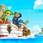 Link và Linebeck trong một cuộc phiêu lưu trên biển trong The Legend of Zelda: Phantom Hourglass, game xếp thứ 18 trong series Zelda.