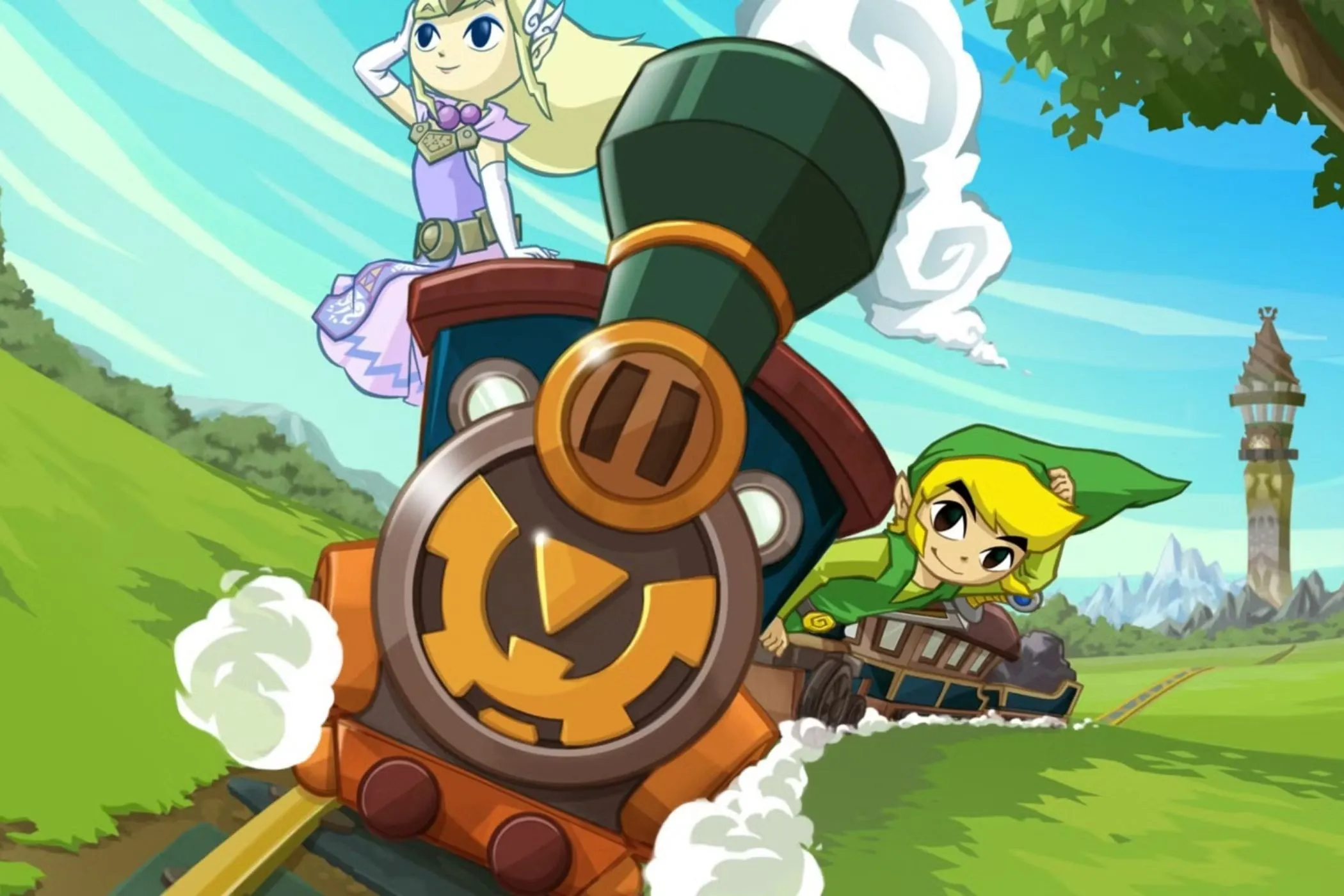 Link và Zelda điều khiển tàu trong The Legend of Zelda: Spirit Tracks, minh họa lỗi game lậu khiến tàu không thể di chuyển.