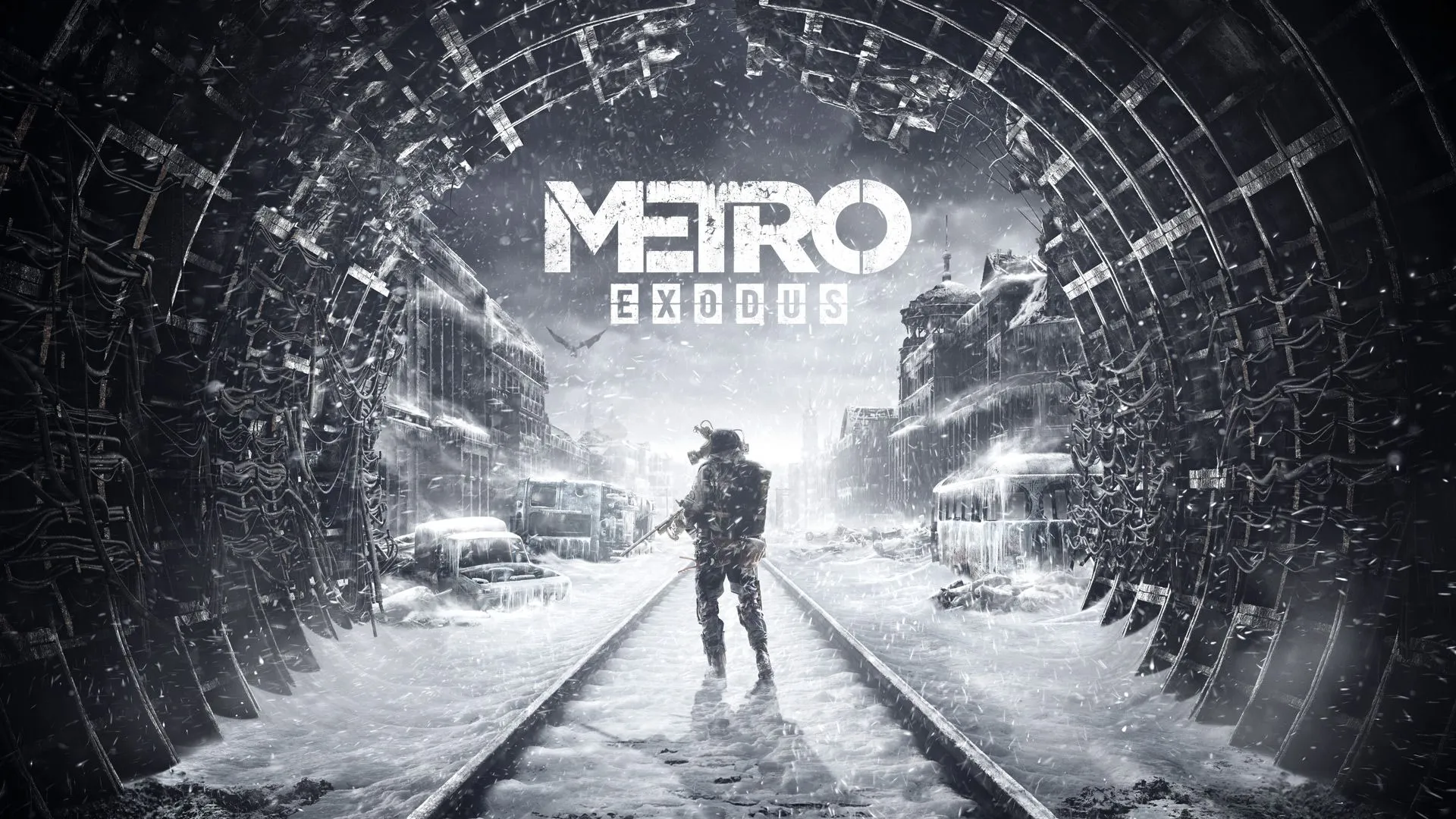 Logo game Metro Exodus với hình ảnh một đoàn tàu và cảnh quan tuyết phủ