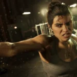 Lucia đang tập đấm bốc trong phòng gym ở Vice City trong game GTA VI, minh họa tính năng rèn luyện thể lực của nhân vật.