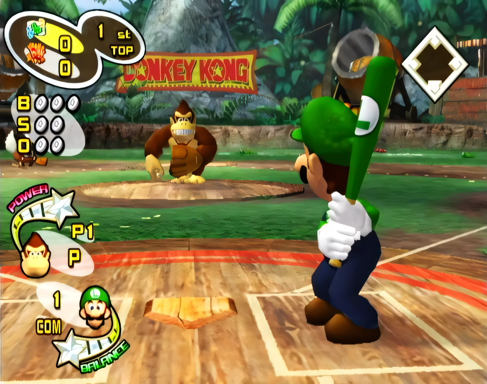 Luigi đang thực hiện cú đánh bóng trong Mario Superstar Baseball
