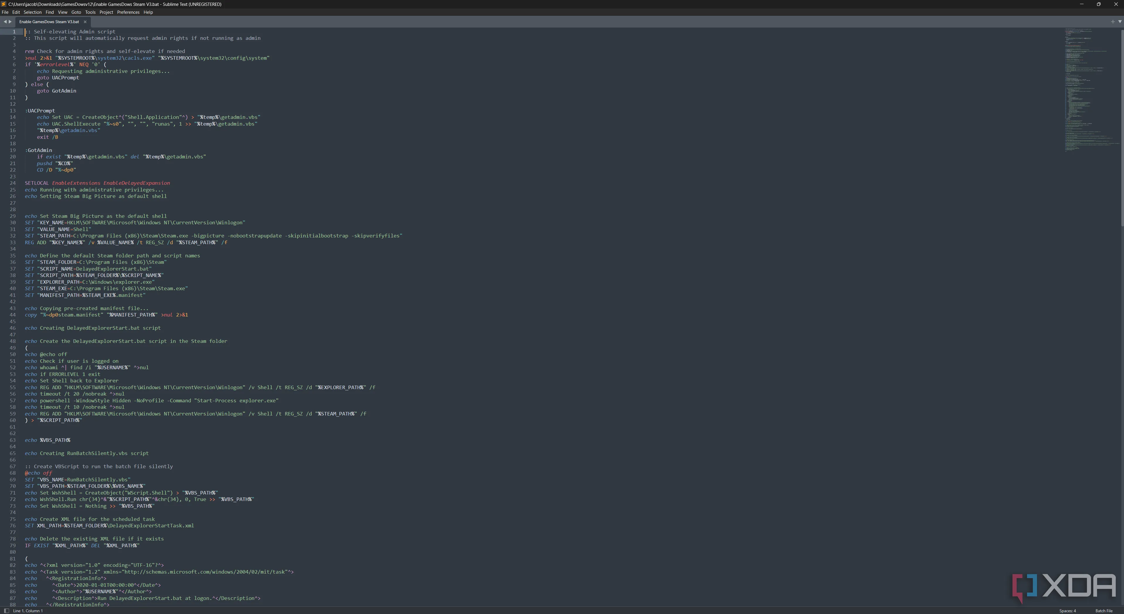 Mã lệnh của file batch GameDows mở trong Sublime Text để xem xét nội dung