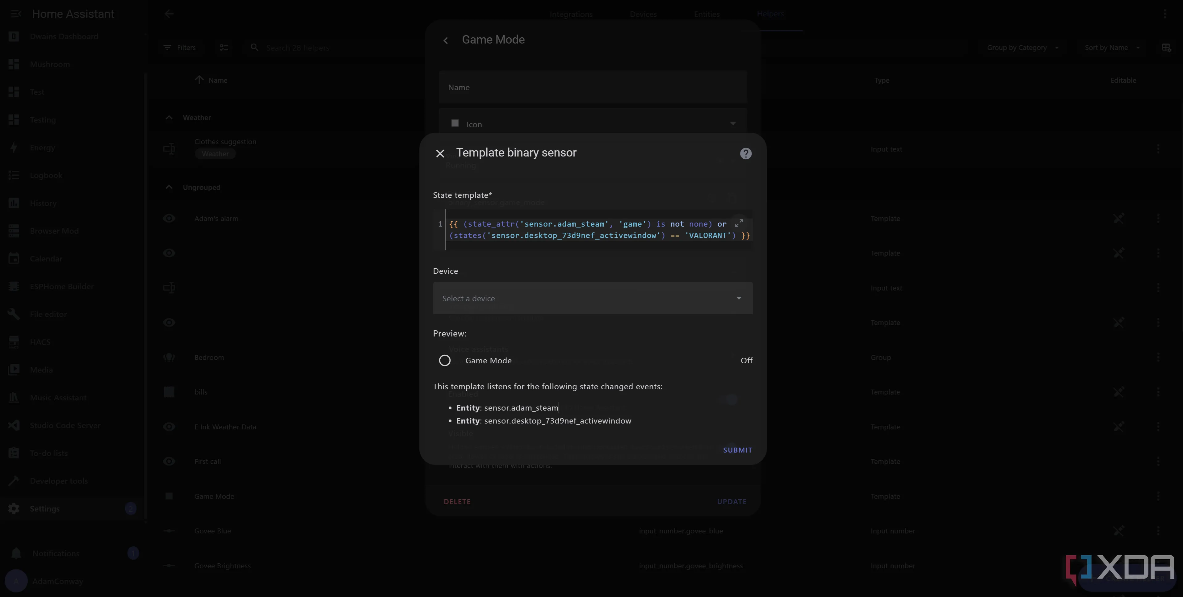 Mã YAML mẫu cho cảm biến nhị phân tự động hóa chế độ chơi game trong Home Assistant