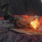 Magma Wyrm Elden Ring bò giữa dòng dung nham rực lửa trong trận chiến đầy thử thách