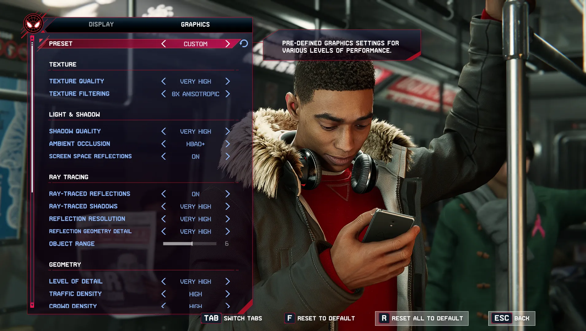 Màn hình cài đặt đồ họa trong game Spider-Man: Miles Morales, cho thấy các tùy chọn cấu hình mà người chơi có thể điều chỉnh để tối ưu hóa hiệu suất và tăng FPS, đặc biệt khi máy tính có cấu hình yếu.