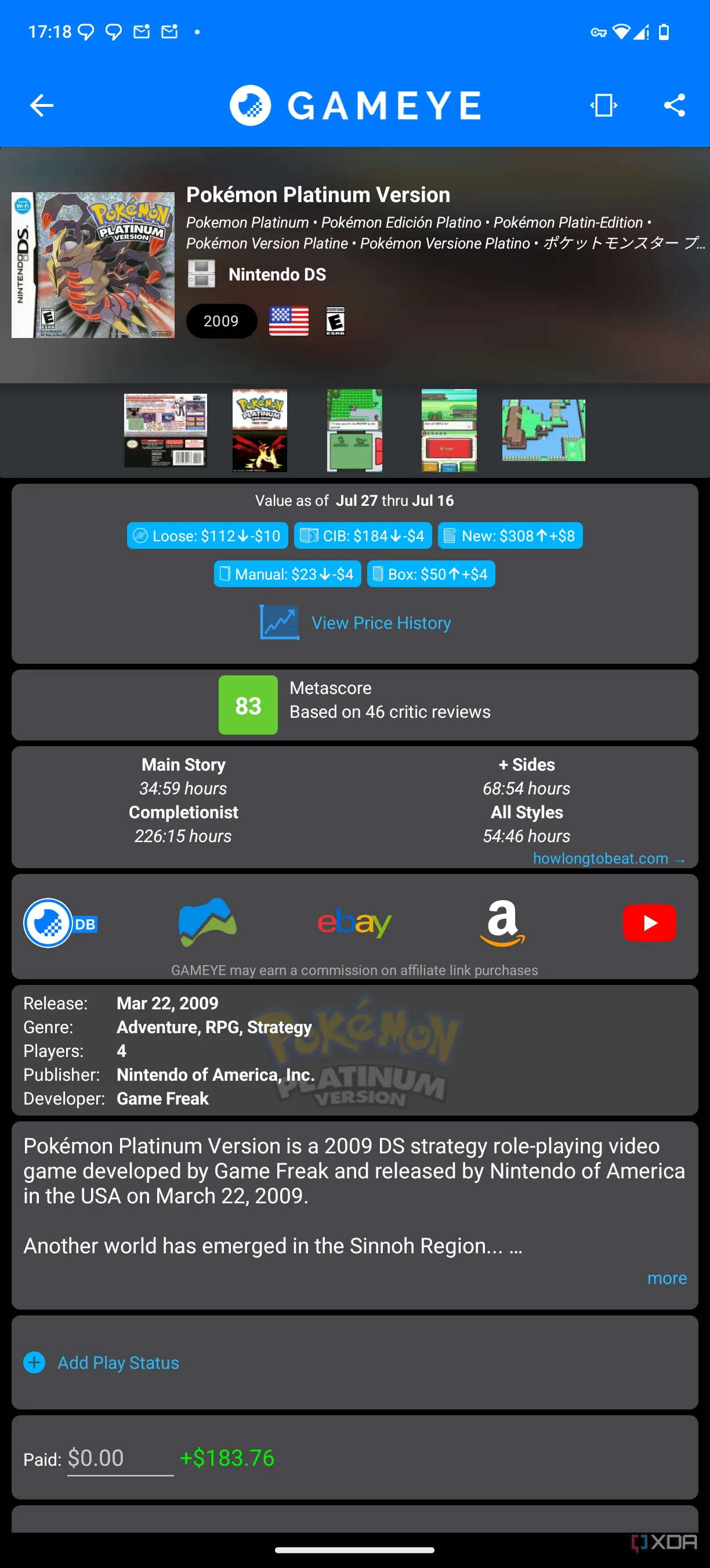 Màn hình chi tiết game Gameye hiển thị giá trị thị trường của Pokémon Platinum, cho thấy tiềm năng tăng giá