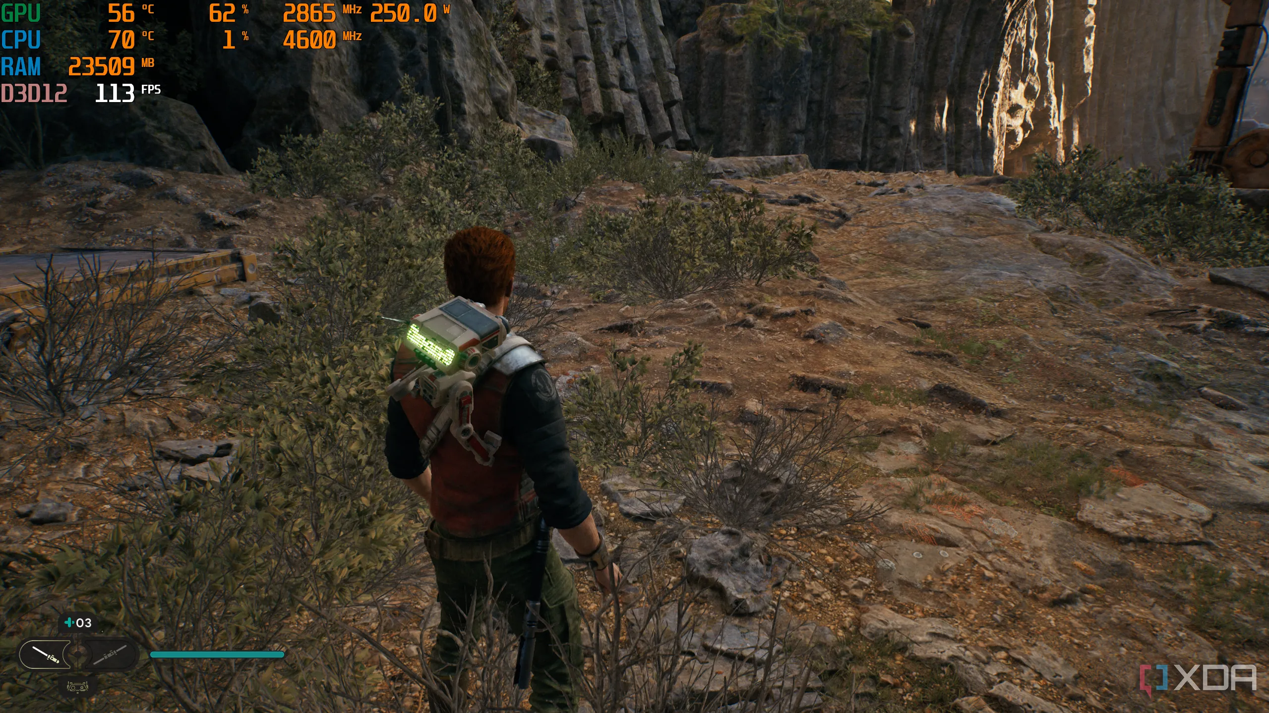 Màn hình chơi game Jedi Survivor hiển thị thông số GPU qua MSI Afterburner khi card đồ họa quá nhiệt.