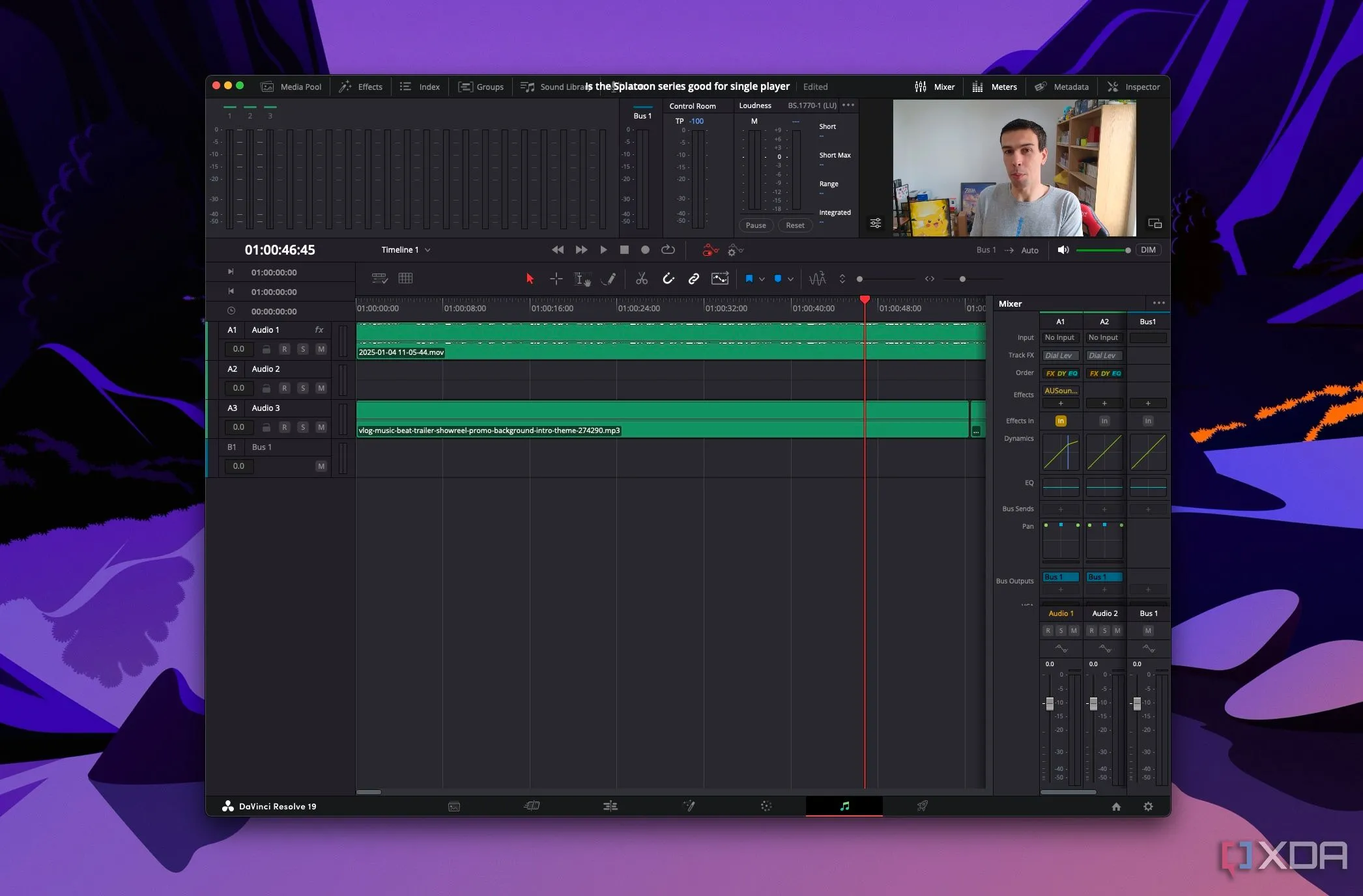 Màn hình DaVinci Resolve trên macOS với bộ lọc âm thanh AUSoundIsolation đang được sử dụng, giúp cải thiện chất lượng âm thanh video