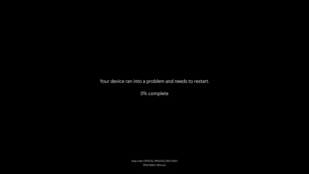 Màn hình đen chết chóc (Black Screen of Death) mới trên Windows 11 hiển thị thông báo lỗi hệ thống với giao diện tối giản.